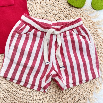 Conj. Camiseta Gola Careca e Bermuda Listrada em Sarja - Vermelho
